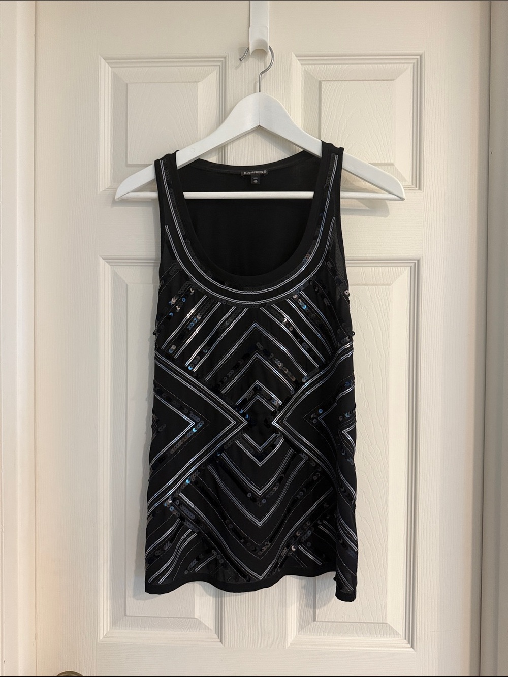 Express Black Beaded Geometric-Pattern Tank Top